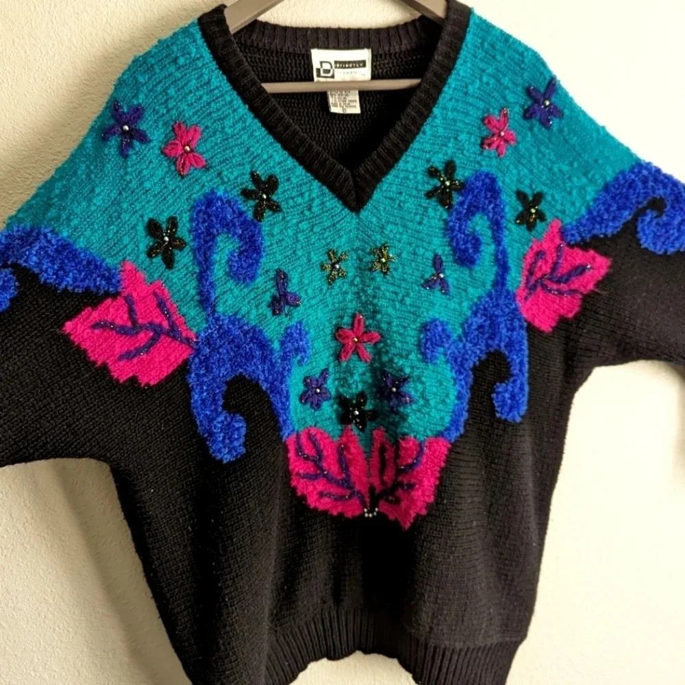 Vintage Acrylic Knit Sweater- Distinctly Different- Embellished Unique Teal Pink